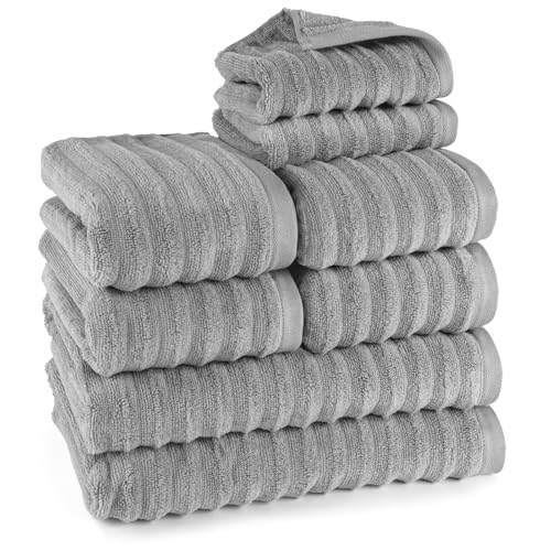 Pure Label 8-TLG. Handtücher Set mit Aufhängeschlaufen aus 100% Baumwolle, saugstark und weich - 2X Badetuch (70x140cm) 4X Handtuch (50x100cm) 2X Gästetuch (30x50cm), Dunkelgrau von Pure Label