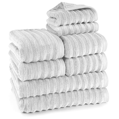 Pure Label 8-TLG. Handtücher Set mit Aufhängeschlaufen aus 100% Baumwolle, saugstark und weich - 2X Badetuch (70x140cm) 4X Handtuch (50x100cm) 2X Gästetuch (30x50cm), Hellgrau von Pure Label