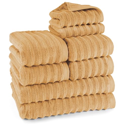 Pure Label 8-TLG. Handtücher Set mit Aufhängeschlaufen aus 100% Baumwolle, saugstark und weich - 2X Badetuch (70x140cm) 4X Handtuch (50x100cm) 2X Gästetuch (30x50cm), Safran von Pure Label