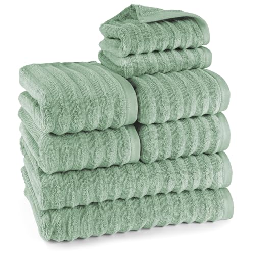 Pure Label 8-TLG. Handtücher Set mit Aufhängeschlaufen aus 100% Baumwolle, saugstark und weich - 2X Badetuch (70x140cm) 4X Handtuch (50x100cm) 2X Gästetuch (30x50cm), Salbeigrün von Pure Label