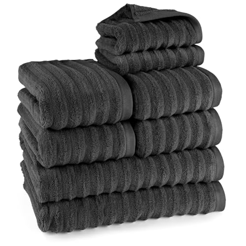 Pure Label 8-TLG. Handtücher Set mit Aufhängeschlaufen aus 100% Baumwolle, saugstark und weich - 2X Badetuch (70x140cm) 4X Handtuch (50x100cm) 2X Gästetuch (30x50cm), Schwarz von Pure Label