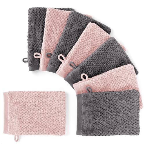 Pure Label 8-TLG. Waschhandschuh Waschlappen Set mit Anhängeschlaufe aus 100% Baumwolle, saugstark, weich und Oeko-TEX Zertifiziert - 8 Waschlappen aus Baumwolle 16x21cm, Anthrazit | Rosa von Pure Label