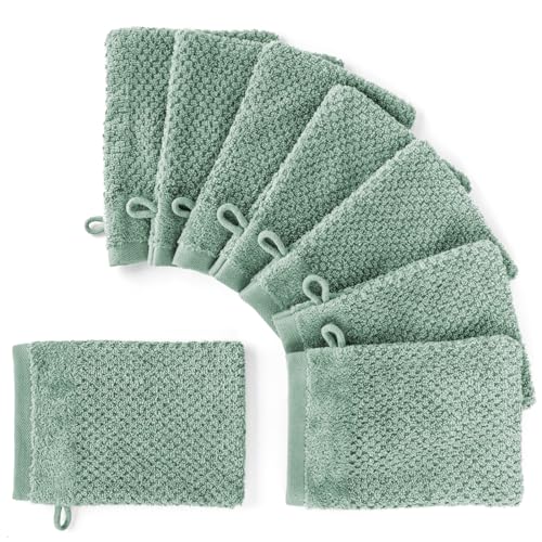 Pure Label 8-TLG. Waschhandschuh Waschlappen Set mit Anhängeschlaufe aus 100% Baumwolle, saugstark, weich und Oeko-TEX Zertifiziert - 8 Waschlappen aus Baumwolle 16x21cm, Grün - Salbeigrün von Pure Label