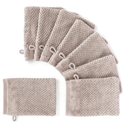 Pure Label 8-TLG. Waschhandschuh Waschlappen Set mit Anhängeschlaufe aus 100% Baumwolle, saugstark, weich und Oeko-TEX Zertifiziert - 8 Waschlappen aus Baumwolle 16x21cm, Stein - Taupe von Pure Label