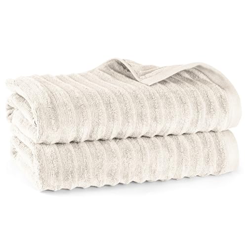 Pure Label Badetuch - 2er-Pack 70x140cm aus 100% Baumwolle - saugstark, schnelltrockend & weich - Duschtücher mit Anhängeschlaufe - Oeko-TEX Zertifiziert - Creme von Pure Label