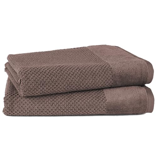 Pure Label Badetuch - 2er-Pack 70x140cm aus 100% Baumwolle - saugstark, schnelltrockend & weich - Duschtücher mit Anhängeschlaufe - Oeko-TEX Zertifiziert - Dunkelbraun von Pure Label