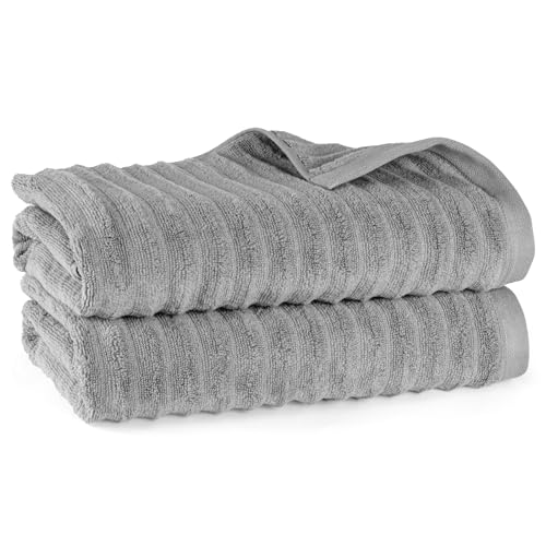 Pure Label Badetuch - 2er-Pack 70x140cm aus 100% Baumwolle - saugstark, schnelltrockend & weich - Duschtücher mit Anhängeschlaufe - Oeko-TEX Zertifiziert - Dunkelgrau von Pure Label