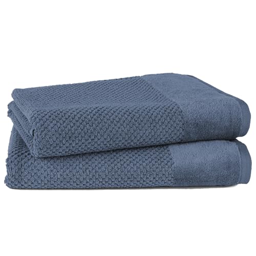 Pure Label Badetuch - 2er-Pack 70x140cm aus 100% Baumwolle - saugstark, schnelltrockend & weich - Duschtücher mit Anhängeschlaufe - Oeko-TEX Zertifiziert - Jeansblau von Pure Label