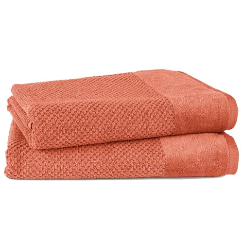 Pure Label Badetuch - 2er-Pack 70x140cm aus 100% Baumwolle - saugstark, schnelltrockend & weich - Duschtücher mit Anhängeschlaufe - Oeko-TEX Zertifiziert - Orange von Pure Label