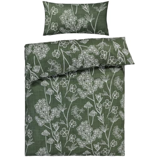 Pure Label Blumen Bettwäsche 155x220 cm mit einem Kissenbezug 40x80 cm - Traumhaft weiches Bettwäsche-Sets 155 x 220 cm in grün aus 100% Baumwolle mit YKK Reißverschluss von Pure Label