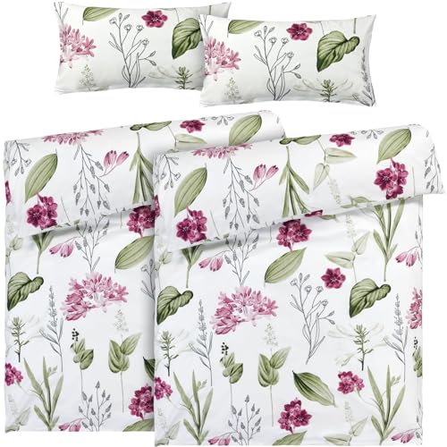 Pure Label Blumen Bettwäsche 4teilig 155x220 cm mit einem 2er Set Kissenbezüge 40x80 cm - Traumhaft weiches Bettwäsche-Sets 155 x 220 cm in weiß aus 100% Baumwolle mit YKK Reißverschluss von Pure Label