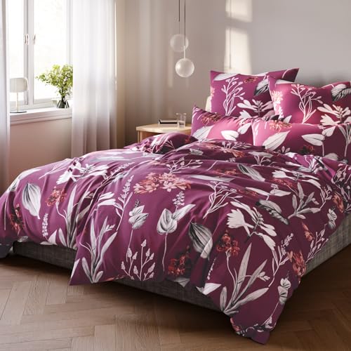 Pure Label Blumen Bettwäsche 135x200 cm mit einem Kissenbezug 40x80 cm - Traumhaft weiches Bettwäsche-Sets 135 x 200 cm in Beere aus 100% Baumwolle mit YKK Reißverschluss von Pure Label