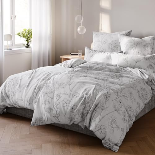Pure Label Blumen Bettwäsche 155x220 cm mit einem Kissenbezug 40x80 cm - Traumhaft weiches Bettwäsche-Sets 155 x 220 cm in grau aus 100% Baumwolle mit YKK Reißverschluss von Pure Label