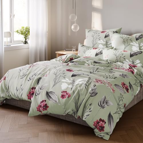 Pure Label Blumen Bettwäsche 155x220 cm mit einem Kissenbezug 40x80 cm - Traumhaft weiches Bettwäsche-Sets 155 x 220 cm in grün aus 100% Baumwolle mit YKK Reißverschluss von Pure Label