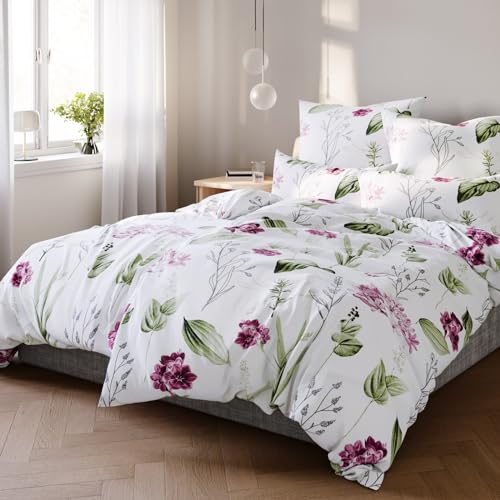 Pure Label Blumen Bettwäsche 155x220 cm mit einem Kissenbezug 80x80 cm - Traumhaft weiches Bettwäsche-Sets 155 x 220 cm in weiß aus 100% Baumwolle mit YKK Reißverschluss von Pure Label