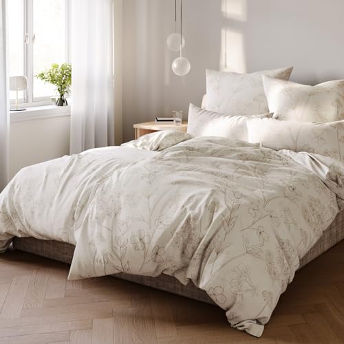 Pure Label Blumen Bettwäsche 4teilig 155x220 cm mit einem 2er Set Kissenbezüge 40x80 cm - Traumhaft weiches Bettwäsche-Sets 155 x 220 cm in Creme aus 100% Baumwolle mit YKK Reißverschluss von Pure Label