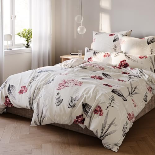 Pure Label Blumen Bettwäsche 4teilig 155x220 cm mit einem 2er Set Kissenbezüge 40x80 cm - Traumhaft weiches Bettwäsche-Sets 155 x 220 cm in Taupe aus 100% Baumwolle mit YKK Reißverschluss von Pure Label