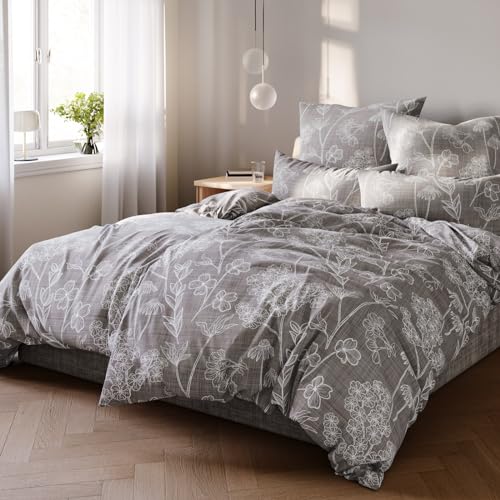 Pure Label Blumen Bettwäsche 4teilig 155x220 cm mit einem 2er Set Kissenbezüge 40x80 cm - Traumhaft weiches Bettwäsche-Sets 155 x 220 cm in Taupe aus 100% Baumwolle mit YKK Reißverschluss von Pure Label