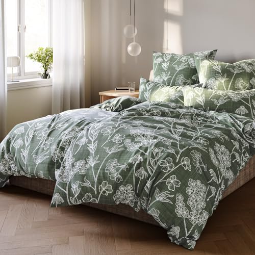 Pure Label Blumen Bettwäsche 4teilig 155x220 cm mit einem 2er Set Kissenbezüge 80x80 cm - Traumhaft weiches Bettwäsche-Sets 155 x 220 cm in grün aus 100% Baumwolle mit YKK Reißverschluss von Pure Label