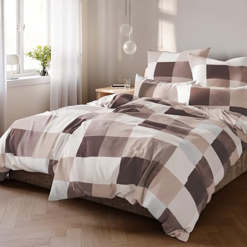 Pure Label Karierte Bettwäsche 135x200 cm mit einem Kissenbezug 40x80 cm - Traumhaft weiches Bettwäsche-Sets 135 x 200 cm in braun aus 100% Baumwolle mit YKK Reißverschluss von Pure Label