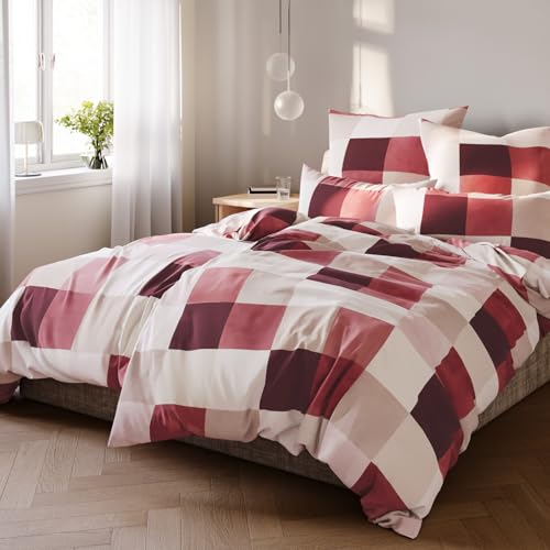 Pure Label Karierte Bettwäsche 4teilig 135x200 cm mit einem 2er Set Kissenbezüge 40x80 cm - Traumhaft weiches Bettwäsche-Sets 135 x 200 cm in rot aus 100% Baumwolle mit YKK Reißverschluss von Pure Label
