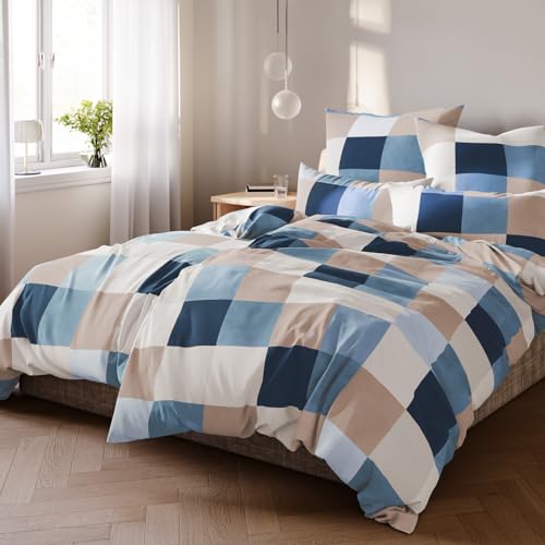 Pure Label Karierte Bettwäsche 4teilig 135x200 cm mit einem 2er Set Kissenbezüge 80x80 cm - Traumhaft weiches Bettwäsche-Sets 135 x 200 cm in blau aus 100% Baumwolle mit YKK Reißverschluss von Pure Label
