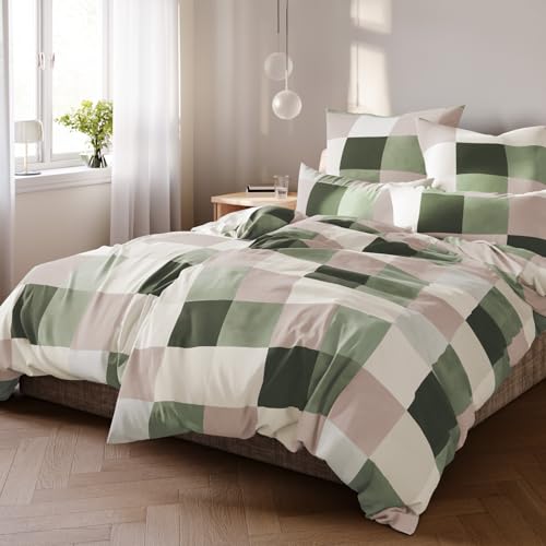 Pure Label Karierte Bettwäsche 4teilig 155x220 cm mit einem 2er Set Kissenbezüge 40x80 cm - Traumhaft weiches Bettwäsche-Sets 155 x 220 cm in grün aus 100% Baumwolle mit YKK Reißverschluss von Pure Label