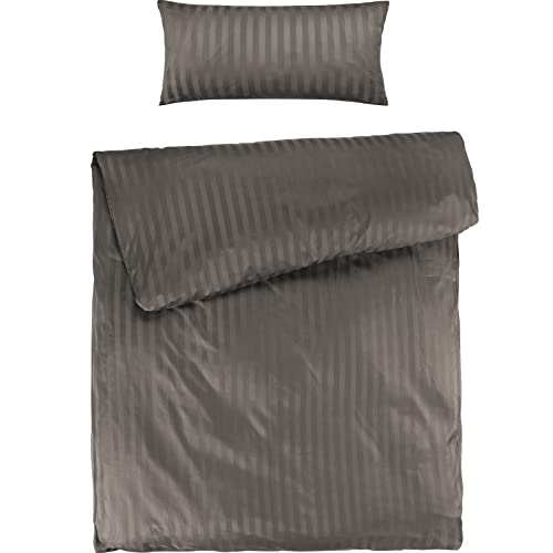 Pure Label Mako Satin Damast Streifen Bettwäsche Taupe 135 x 200 cm mit Kissenbezug 40 x 80 cm aus 100% Baumwolle | Traumhaft weiches Mako Satin Bettwäsche Set in Uni von Pure Label