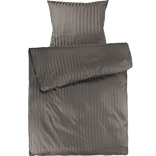 Pure Label Mako Satin Damast Streifen Bettwäsche Taupe 135 x 200 cm mit Kissenbezug 80 x 80 cm aus 100% Baumwolle | Traumhaft weiches Mako Satin Bettwäsche Set in Uni von Pure Label