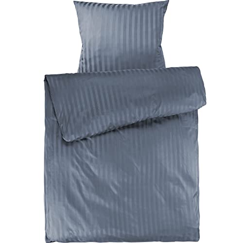 Pure Label Mako Satin Damast Streifen Bettwäsche blau 155x220 cm mit Kissenbezug 80x80 cm aus 100% Baumwolle - Traumhaft weiches Mako Satin Bettwäsche Set in Uni von Pure Label
