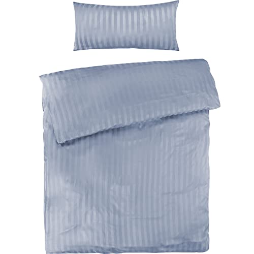Pure Label Mako Satin Damast Streifen Bettwäsche hellblau 135 x 200 cm mit Kissenbezug 40 x 80 cm aus 100% Baumwolle | Traumhaft weiches Mako Satin Bettwäsche Set in Uni von Pure Label