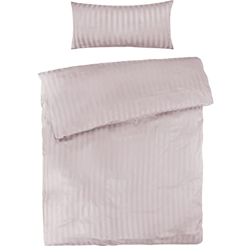 Pure Label Mako Satin Damast Streifen Bettwäsche rosa 135 x 200 cm mit Kissenbezug 40 x 80 cm aus 100% Baumwolle | Traumhaft weiches Mako Satin Bettwäsche Set in Uni von Pure Label