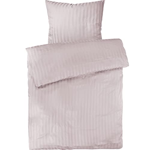 Pure Label Mako Satin Damast Streifen Bettwäsche rosa 155x220 cm mit Kissenbezug 80x80 cm aus 100% Baumwolle - Traumhaft weiches Mako Satin Bettwäsche Set in Uni von Pure Label
