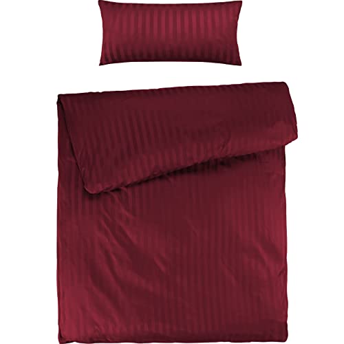 Pure Label Mako Satin Damast Streifen Bettwäsche rot 155x220 cm mit Kissenbezug 40x80 cm aus 100% Baumwolle - Traumhaft weiches Mako Satin Bettwäsche Set in Uni von Pure Label