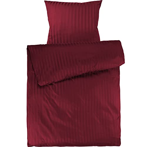 Pure Label Mako Satin Damast Streifen Bettwäsche rot 155x220 cm mit Kissenbezug 80x80 cm aus 100% Baumwolle - Traumhaft weiches Mako Satin Bettwäsche Set in Uni von Pure Label