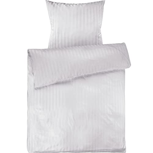 Pure Label Mako Satin Damast Streifen Bettwäsche weiß 135 x 200 cm mit Kissenbezug 80 x 80 cm aus 100% Baumwolle | Traumhaft weiches Mako Satin Bettwäsche Set in Uni von Pure Label