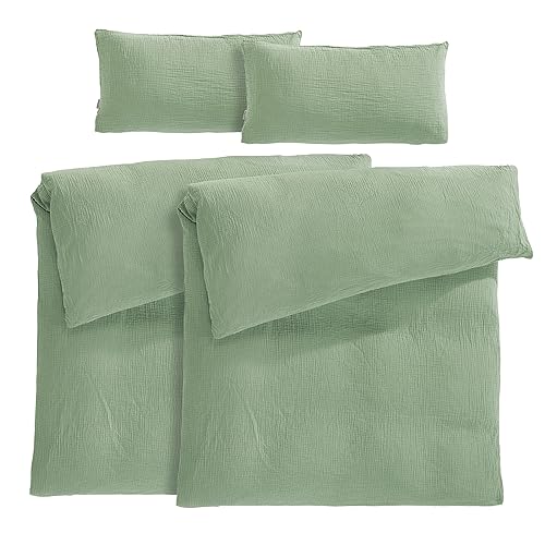 Pure Label Musselin Bettwäsche 135x200 4 teilig bestehend aus Bettbezug 135 x 200 cm 2er Set + Kissenbezug 40x80 cm 2er Set aus Baumwolle - Traumhaft kuschelige Bettwäsche-Sets in grün von Pure Label