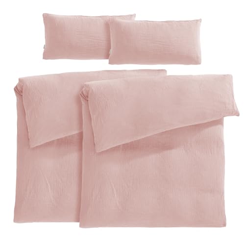 Pure Label Musselin Bettwäsche 135x200 4-teilig bestehend aus Bettbezug 135 x 200 cm 2er Set, Kissenbezug 40x80 cm 2er Set aus Baumwolle - Traumhaft kuschelige Bettwäsche-Sets in rosa von Pure Label