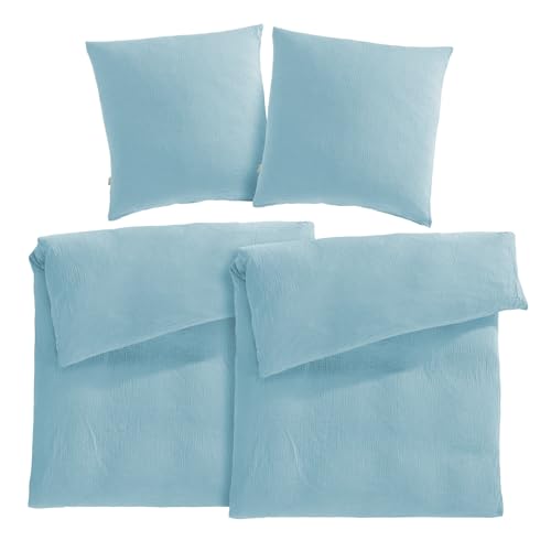 Pure Label Musselin Bettwäsche 135x200 4 teilig bestehend aus Bettbezug 135 x 200 cm 2er Set + Kissenbezug 80x80 cm 2er Set aus Baumwolle - Traumhaft kuschelige Bettwäsche-Sets in blau von Pure Label