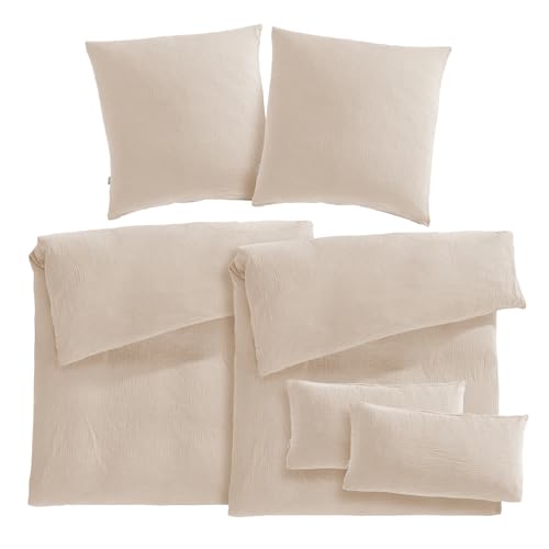 Pure Label Musselin Bettwäsche 135x200 6teilig bestehend aus Bettbezug 135 x 200 2er Set + 80x80 Kissenbezug 2er Set + 40x80 Kissenbezug 2er Set aus Baumwolle - Weiche Bettwäsche in beige von Pure Label