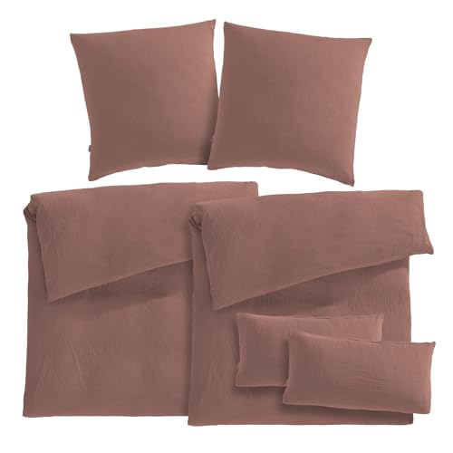 Pure Label Musselin Bettwäsche 135x200 6teilig bestehend aus Bettbezug 135 x 200 2er Set + 80x80 Kissenbezug 2er Set + 40x80 Kissenbezug 2er Set aus Baumwolle - Weiche Bettwäsche in braun von Pure Label