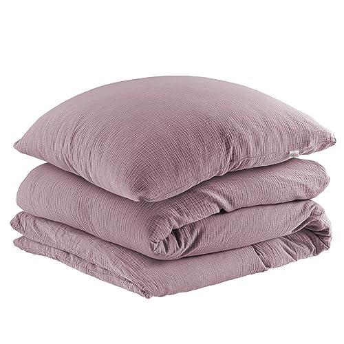 Pure Label Musselin Bettwäsche 135x200 cm mit einem Kissenbezug 80x80 cm aus 100% Baumwolle - Traumhaft weiche, kuschelige Bettwäsche-Sets in Mauve aus Musselin von Pure Label