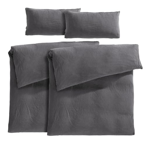 Pure Label Musselin Bettwäsche 155x220 4 teilig bestehend aus Bettbezug 155 x 220 cm 2er Set + Kissenbezug 40x80 cm 2er Set aus Baumwolle - Traumhaft kuschelige Bettwäsche-Sets in anthrazit Pure Label Musselin Bettwäsche 155x220 4 teilig bestehend aus Bettbezug 155 x 220 cm 2er Set + Kissenbezug 40x80 cm 2er Set aus Baumwolle - Traumhaft kuschelige Bettwäsche-Sets in anthrazit von Pure Label