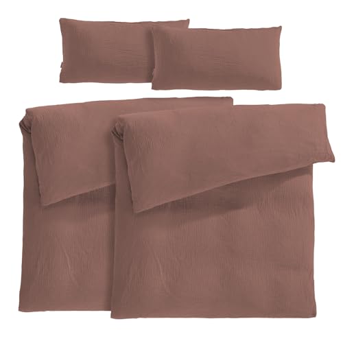 Pure Label Musselin Bettwäsche 155x220 4 teilig bestehend aus Bettbezug 155 x 220 cm 2er Set + Kissenbezug 40x80 cm 2er Set aus Baumwolle - Traumhaft kuschelige Bettwäsche-Sets in braun von Pure Label