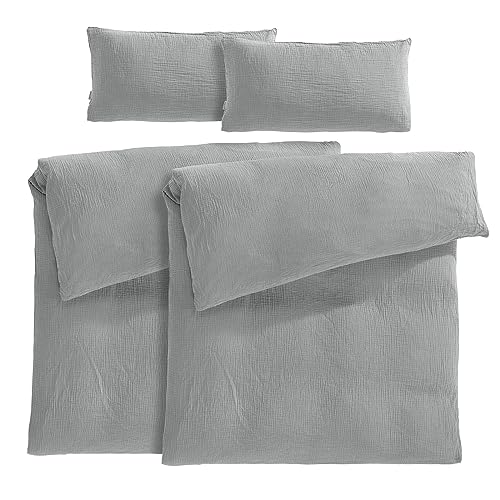Pure Label Musselin Bettwäsche 155x220 4 teilig bestehend aus Bettbezug 155 x 220 cm 2er Set + Kissenbezug 40x80 cm 2er Set aus Baumwolle - Traumhaft kuschelige Bettwäsche-Sets in grau von Pure Label