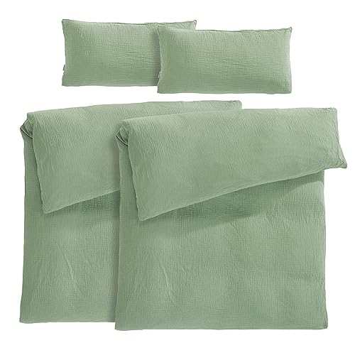 Pure Label Musselin Bettwäsche 155x220 4 teilig bestehend aus Bettbezug 155 x 220 cm 2er Set + Kissenbezug 40x80 cm 2er Set aus Baumwolle - Traumhaft kuschelige Bettwäsche-Sets in grün von Pure Label
