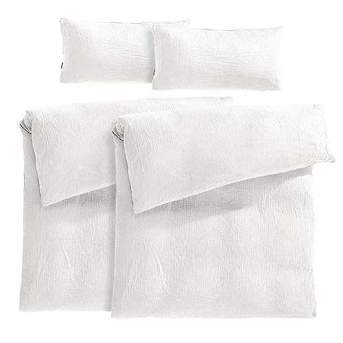 Pure Label Musselin Bettwäsche 155x220 4 teilig bestehend aus Bettbezug 155 x 220 cm 2er Set + Kissenbezug 40x80 cm 2er Set aus Baumwolle - Traumhaft kuschelige Bettwäsche-Sets in weiß von Pure Label
