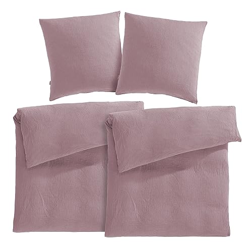 Pure Label Musselin Bettwäsche 155x220 4 teilig bestehend aus Bettbezug 155 x 220 cm 2er Set + Kissenbezug 80x80 cm 2er Set aus Baumwolle - Traumhaft kuschelige Bettwäsche-Sets in Mauve von Pure Label