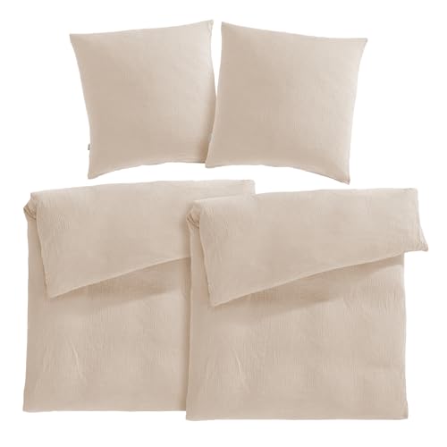Pure Label Musselin Bettwäsche 155x220 4 teilig bestehend aus Bettbezug 155 x 220 cm 2er Set + Kissenbezug 80x80 cm 2er Set aus Baumwolle - Traumhaft kuschelige Bettwäsche-Sets in beige von Pure Label