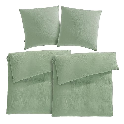 Pure Label Musselin Bettwäsche 155x220 4 teilig bestehend aus Bettbezug 155 x 220 cm 2er Set + Kissenbezug 80x80 cm 2er Set aus Baumwolle - Traumhaft kuschelige Bettwäsche-Sets in grün von Pure Label